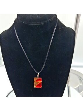 Murano Red and Gold Glass Pendant Necklace Adjustable Silk Cord